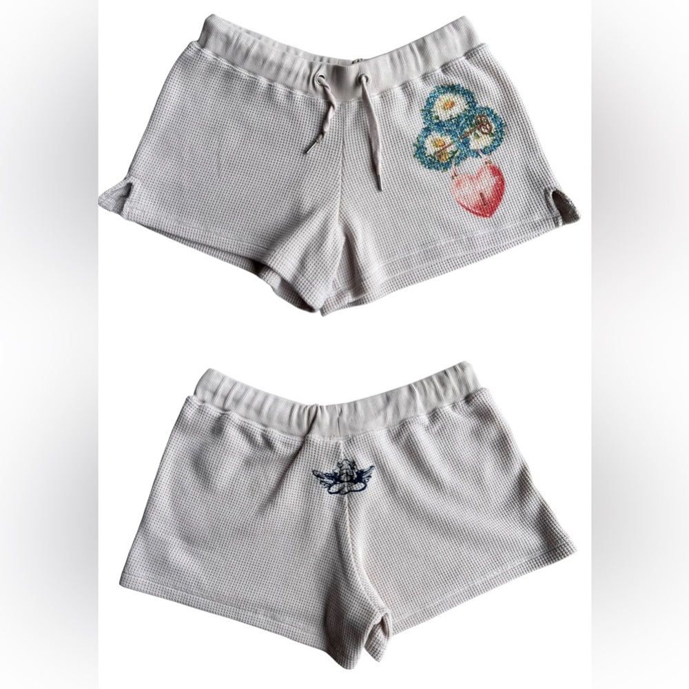 Boys Lie Cream Waffle Knit Shorts with Floral & Heart Details